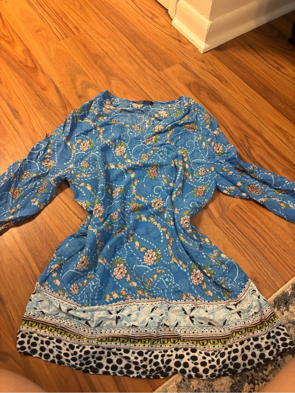 Noracora Blue Floral Print Women's Long Sleeve Tunic